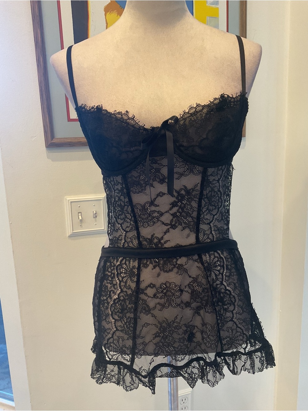 Victoria's Secret Black Lace Chemise with Ribbon Accent